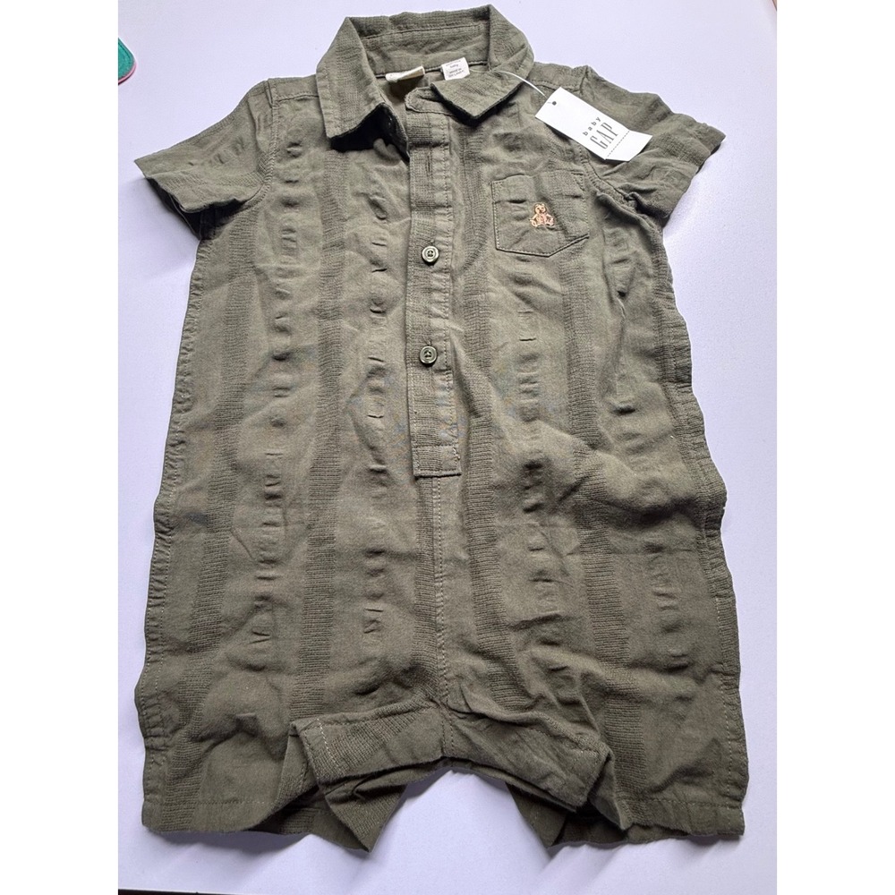 Baby Gap Olive Night Woven Shortie Romper 6-12 Months Green Cotton 409798-02